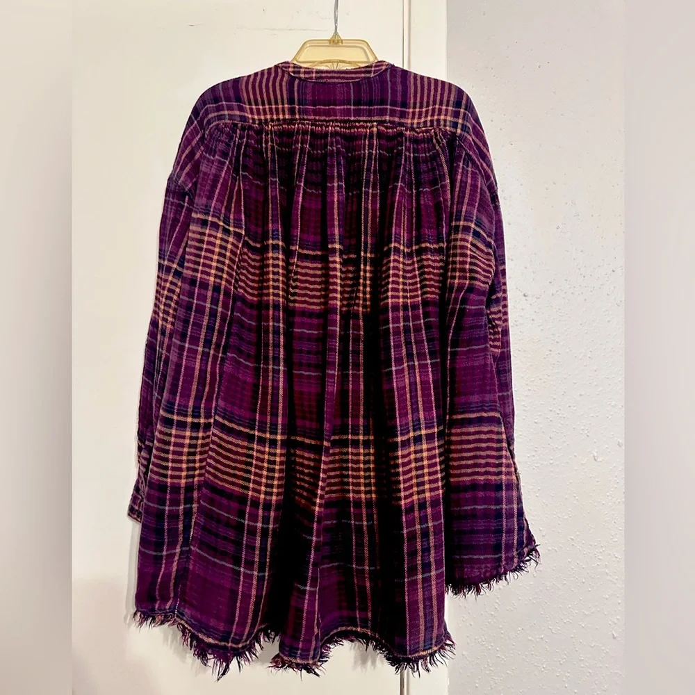 Free People Come On Over Plaid Tunic Swing Plaid Button Down XS Boho Fall